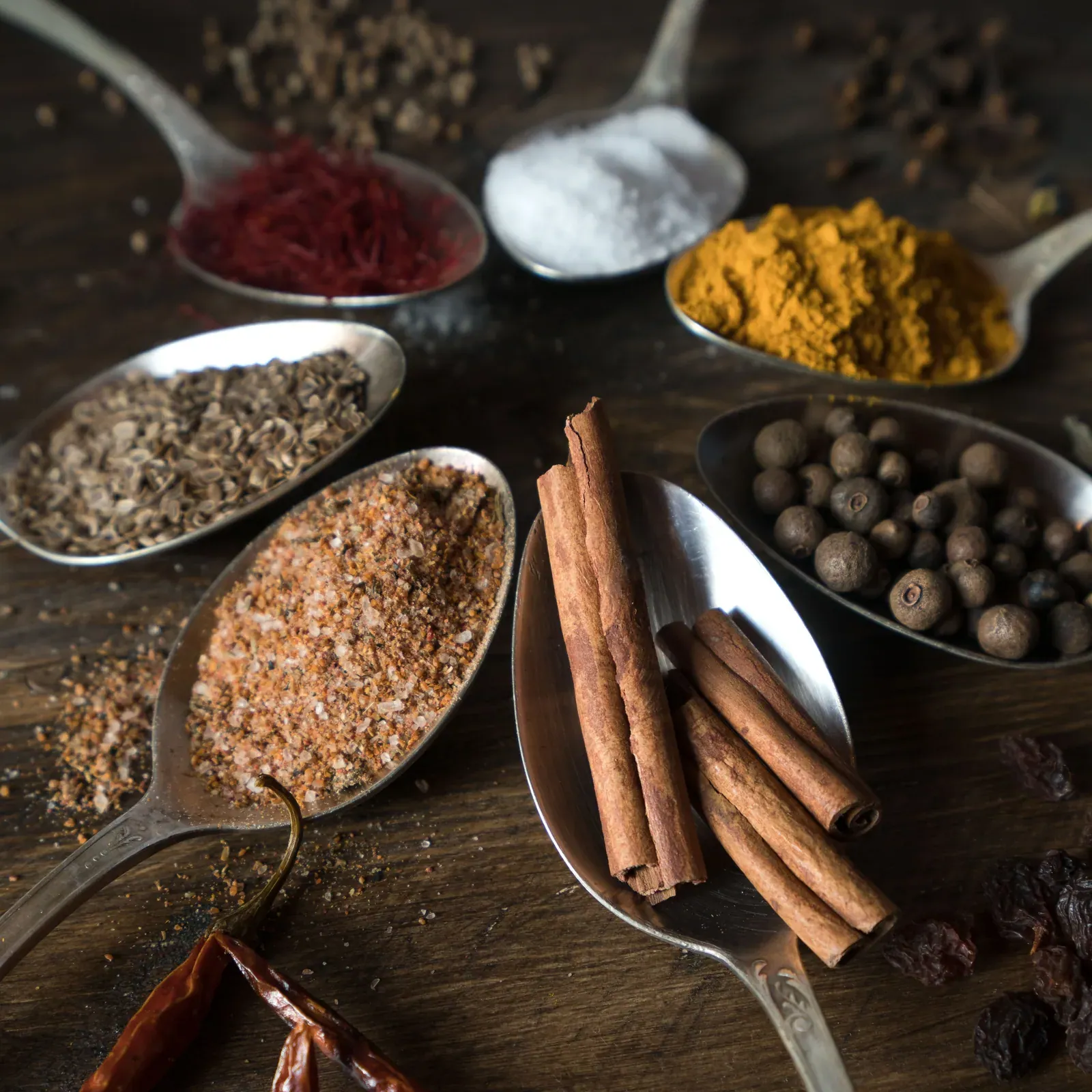 Spices in metal spoons on dark wood